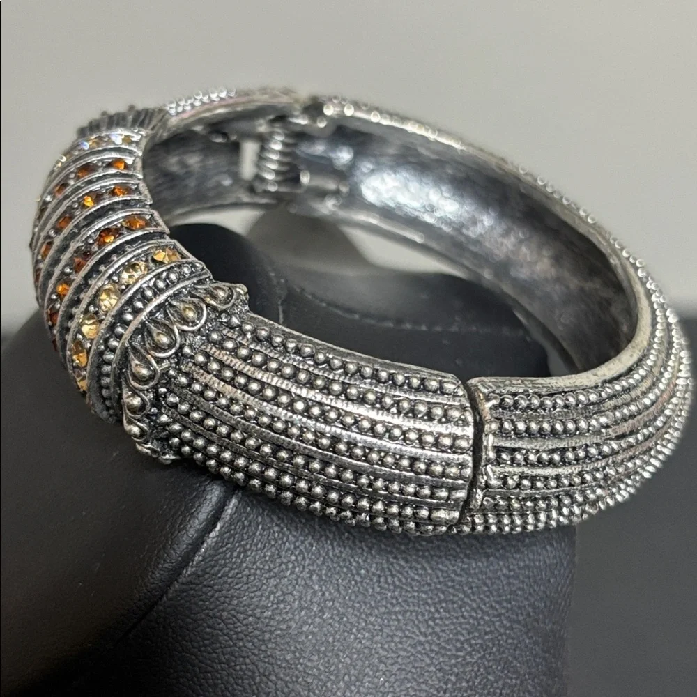 Silver Tone Citrine Garnet CZ Hinged Cuff Chunky Elegant Bracelet